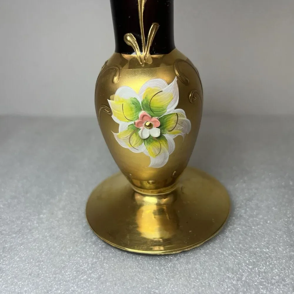 Bohemian Czech Ruby Red Murano Glass Bud Vase 18k Gold Hand Painted Flowers 10”